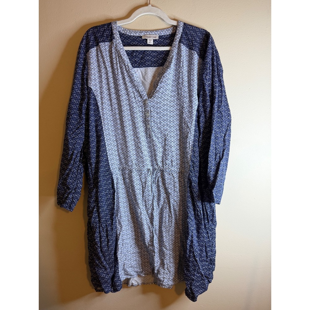 Coldwater Creek Womens 2X Blue Floral Tunic Blouse Embroidered Peasant Folkcore